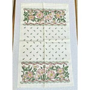 Vintage 1990's linen tea towel unsigned 26" x 16" retro floral flowers motif